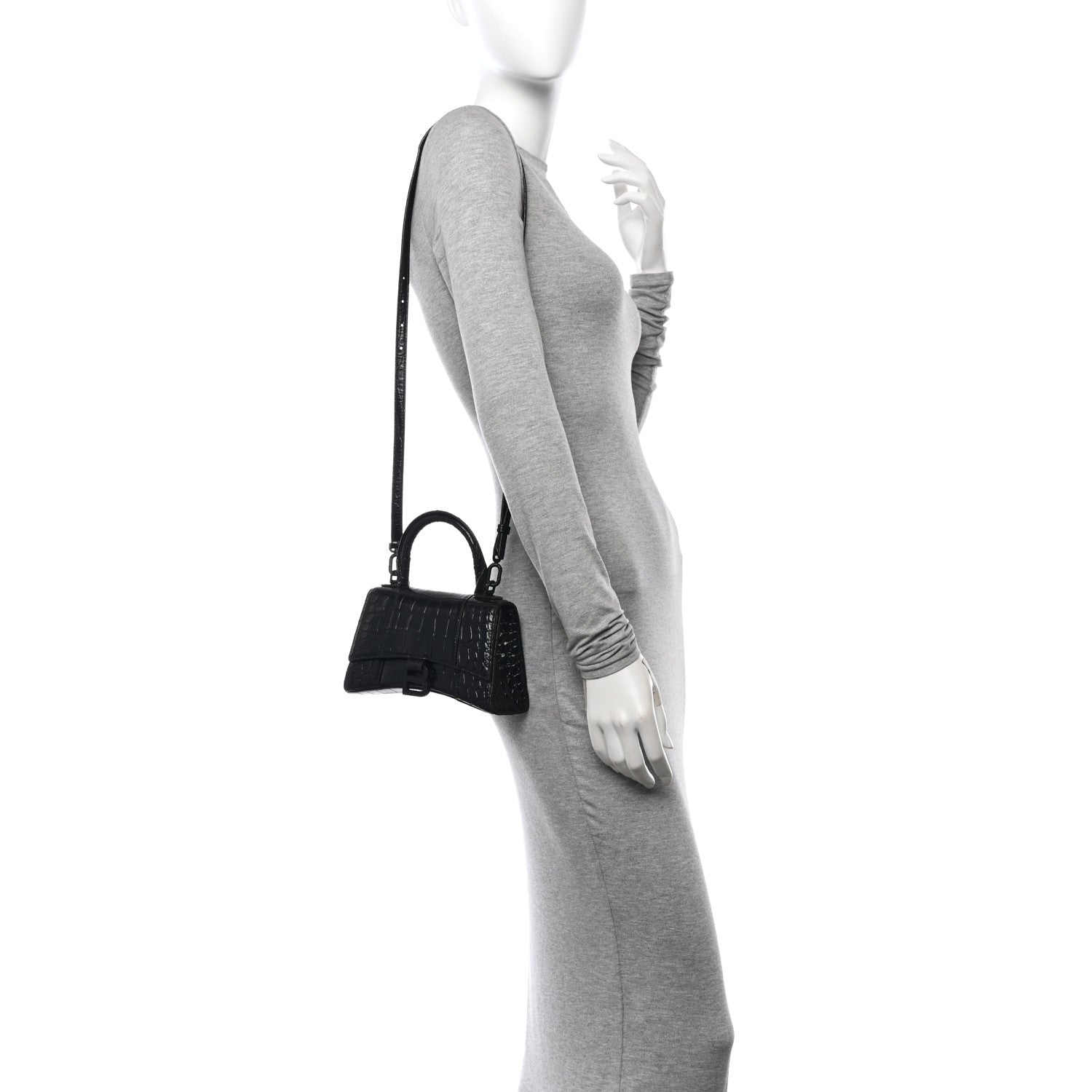 Balenciaga Shiny Calfskin Monochrome Crocodile Embossed Hourglass Top Handle Bag XS Black 2 of 13