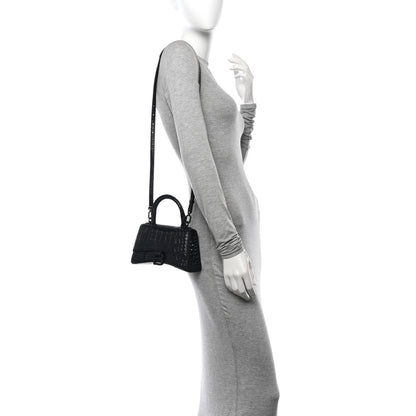 Balenciaga Shiny Calfskin Monochrome Crocodile Embossed Hourglass Top Handle Bag XS Black 2 of 13