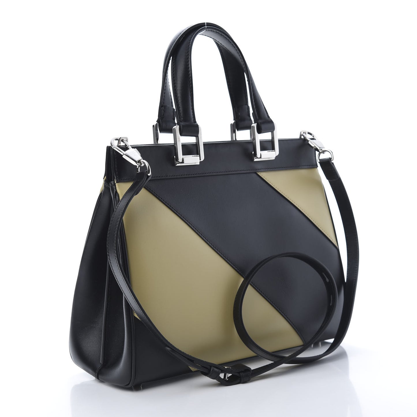 Smooth Calfskin Diagonal Striped Small Zumi Top Handle Bag Black Beige