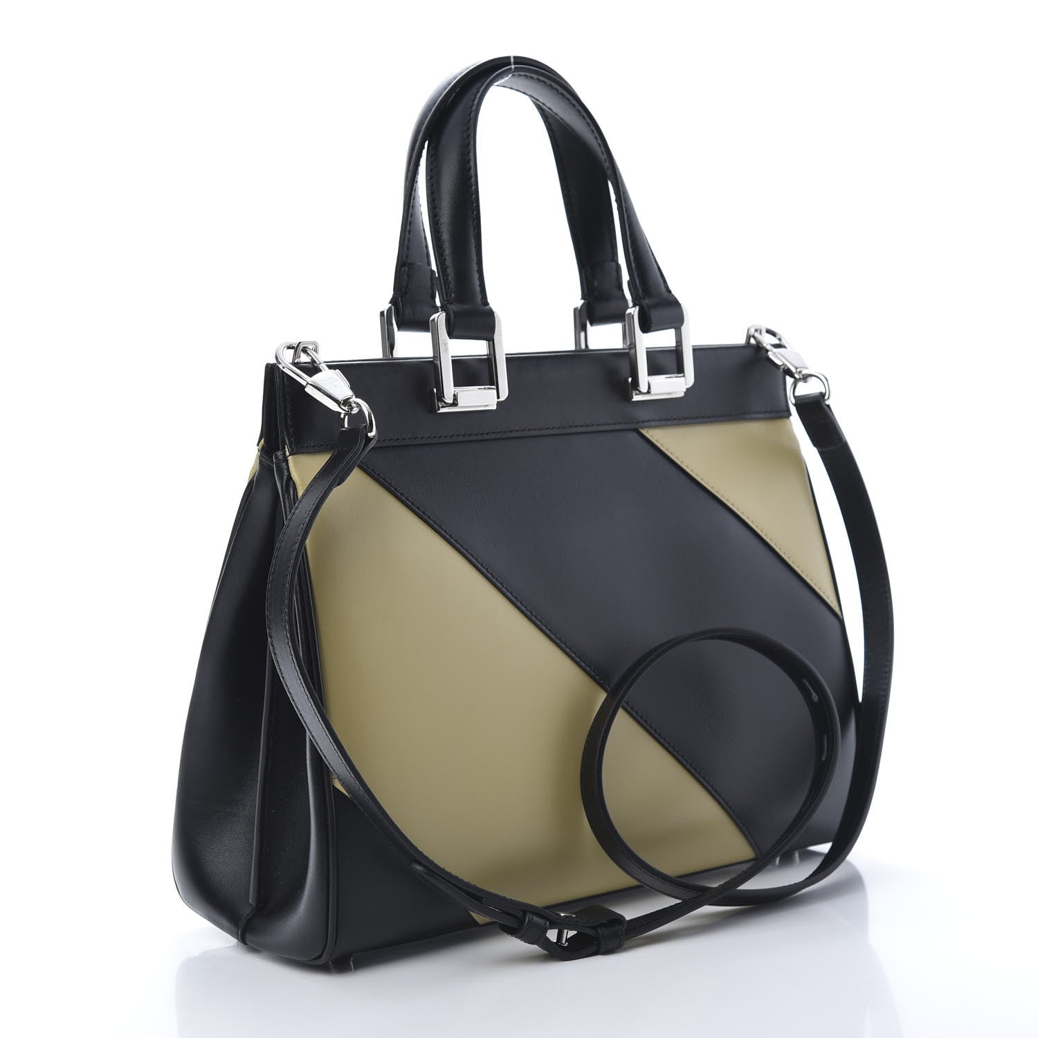 Gucci Smooth Calfskin Diagonal Striped Small Zumi Top Handle Bag Black Beige 4 of 11