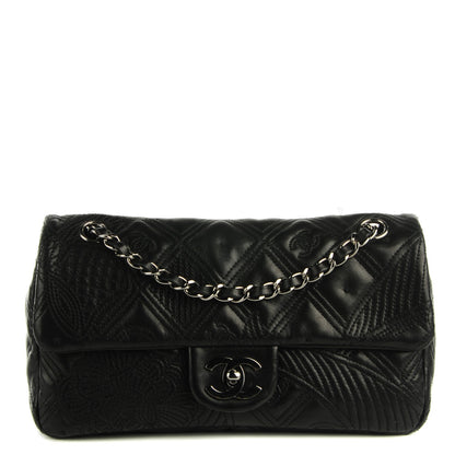 Chanel Lambskin Embroidered Medium Camellia Flap Black 1 of 9