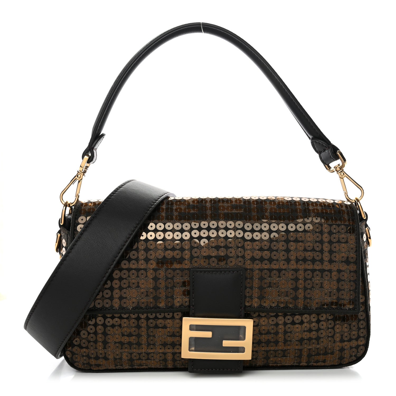 Fendi Fabric Jacquard Paillettes Vitello Seta FF 1974 Baguette Testa di Moro Real Ebano 1 of 9