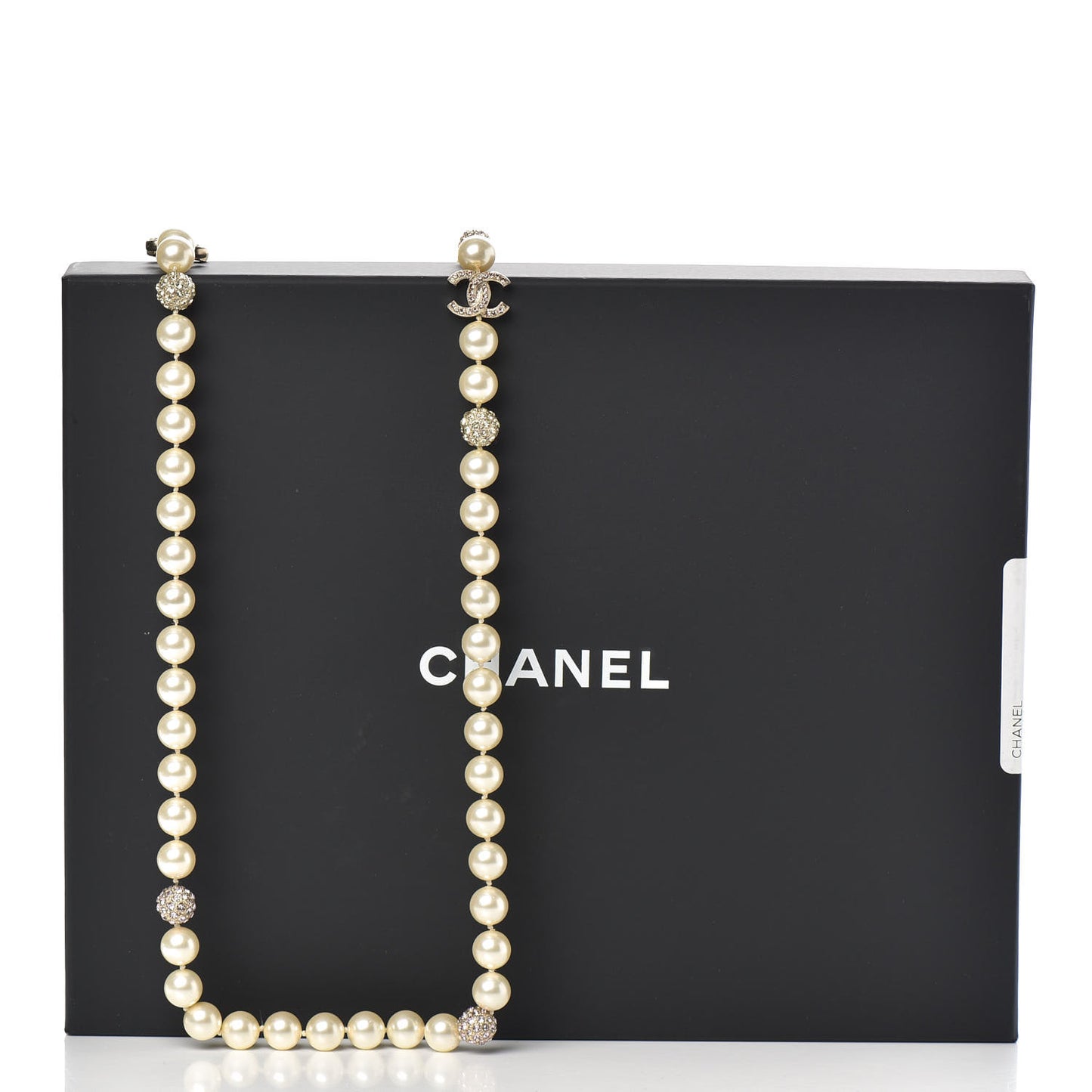 Pearl Baguette Crystal CC Long Necklace Gold