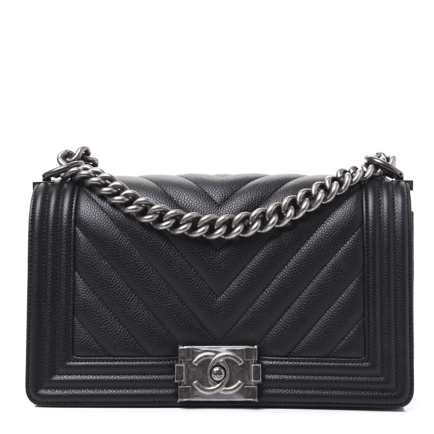 Caviar Chevron Quilted Medium Boy Flap Black