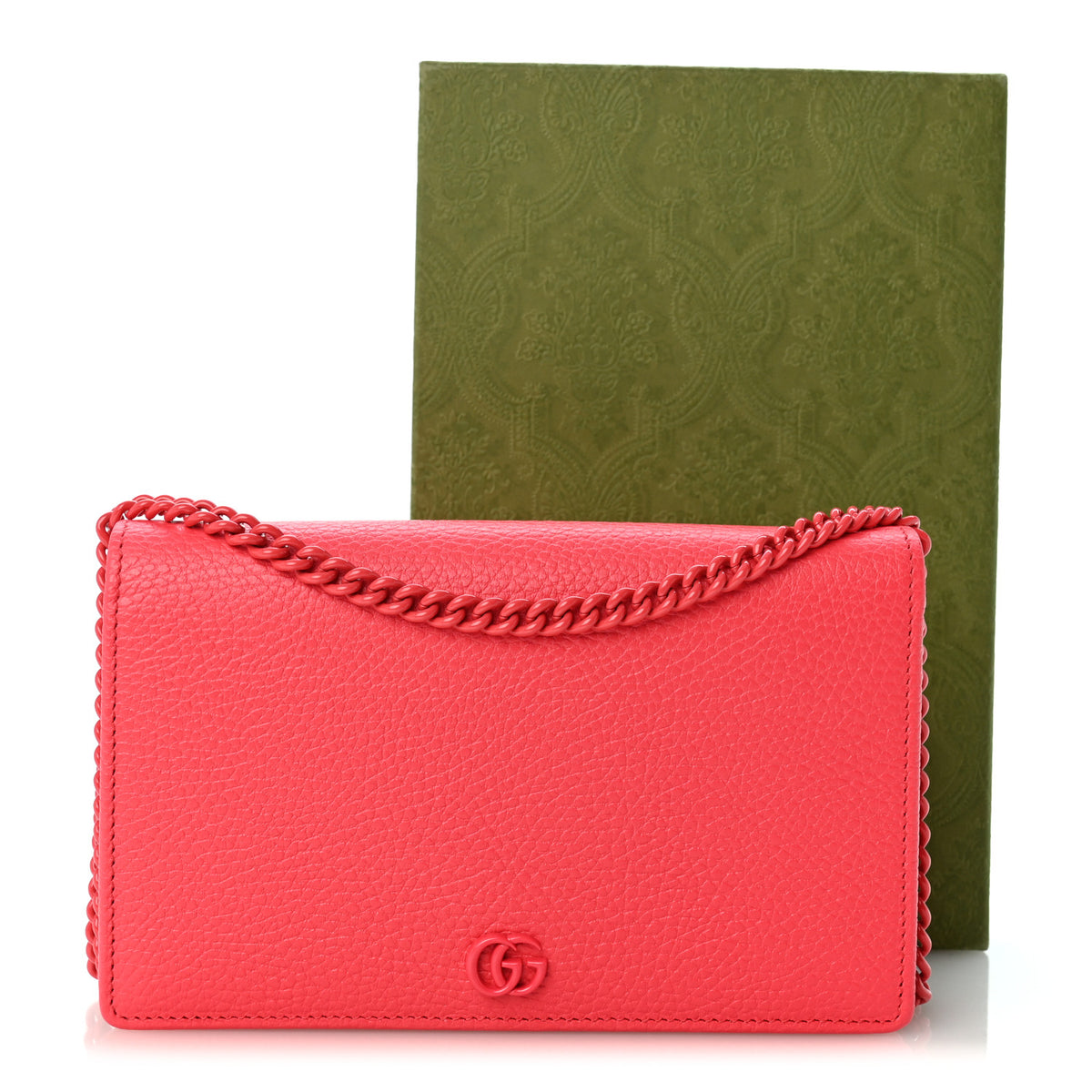 Dollar Calfskin Enamel Monochrome Mini GG Marmont Chain Wallet Runway Coral