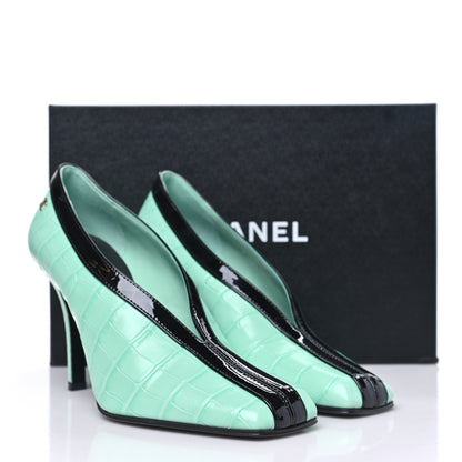 Chanel Crocodile Embossed Patent Calfskin Pumps 38 Green Black 10 of 10