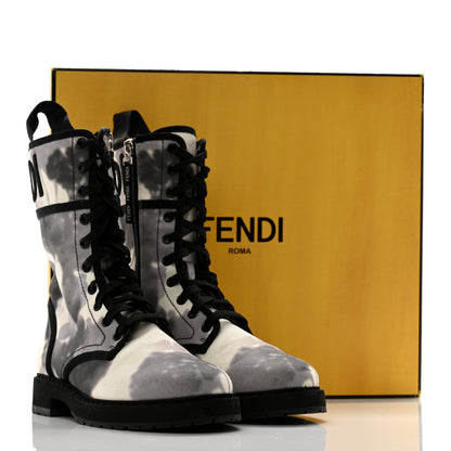 Fendi Canvas Floral Print Logo Bi-Color Womens Biker Boots 37 White Black 11 of 11