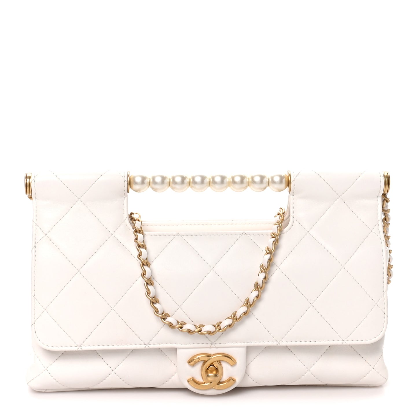 Shiny Lambskin Pearl Top Handle Flap Shopping Bag White