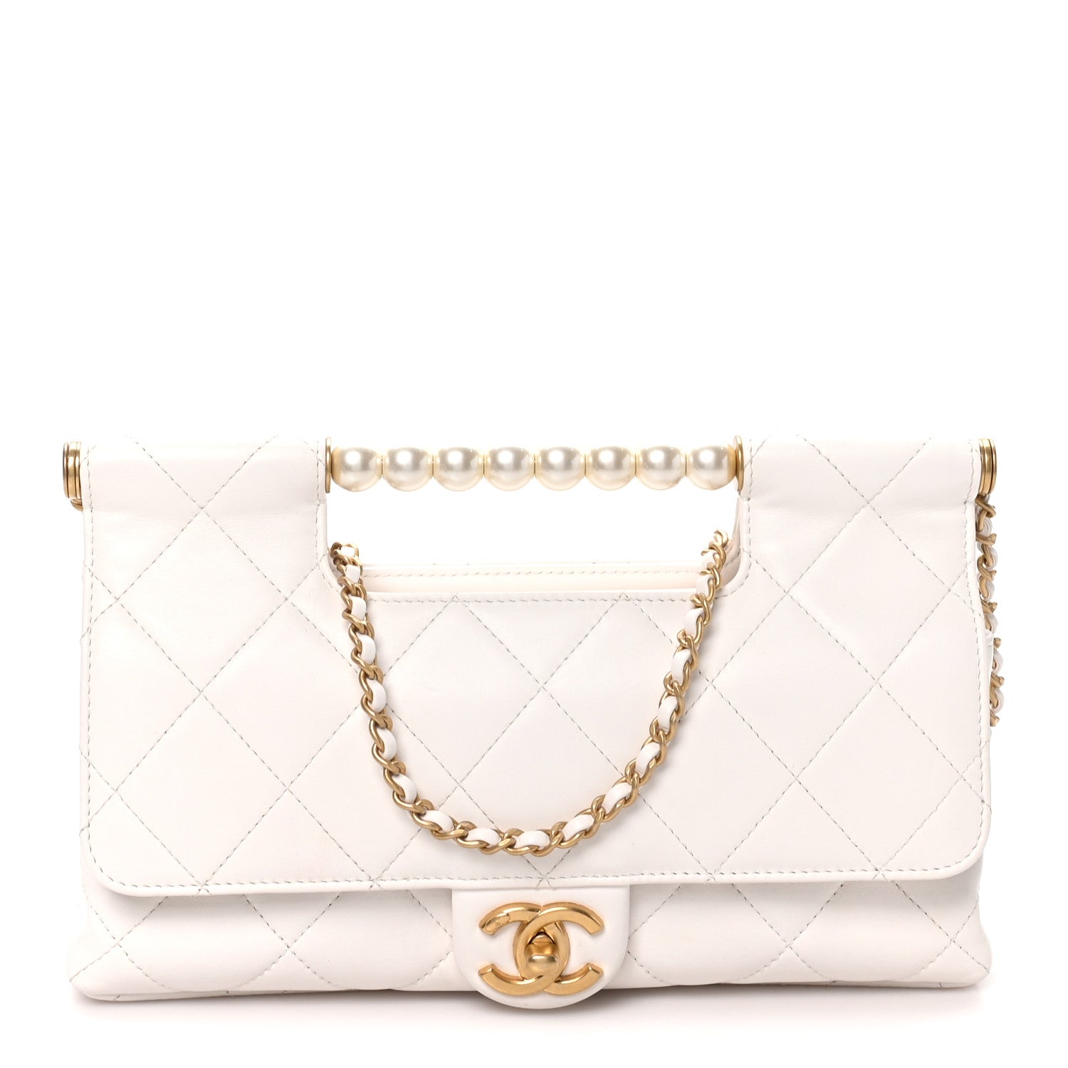 Chanel Shiny Lambskin Pearl Top Handle Flap Shopping Bag White 1 of 9