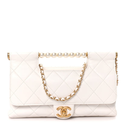Chanel Shiny Lambskin Pearl Top Handle Flap Shopping Bag White 1 of 9