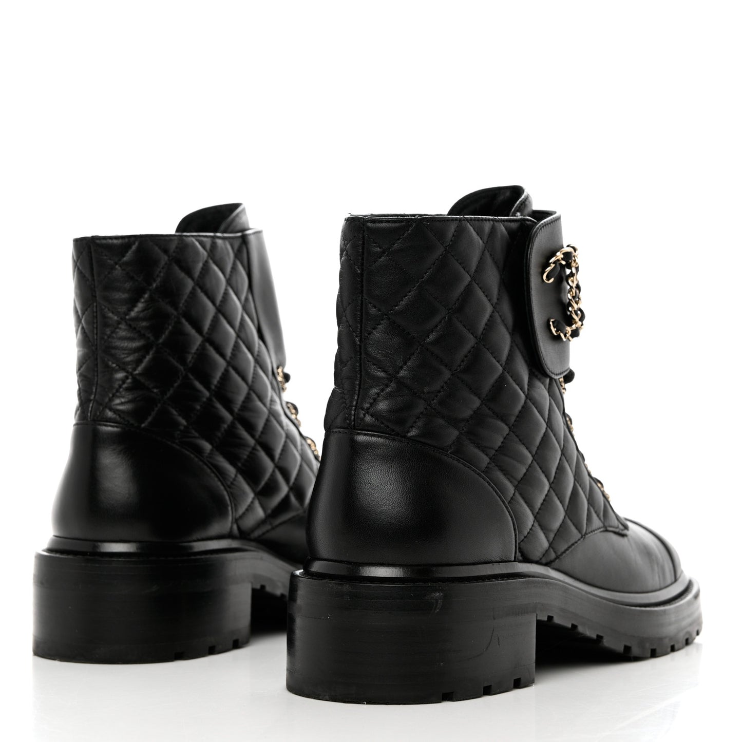 Shiny Calfskin Quilted Lace Up Combat Boots 41 Black