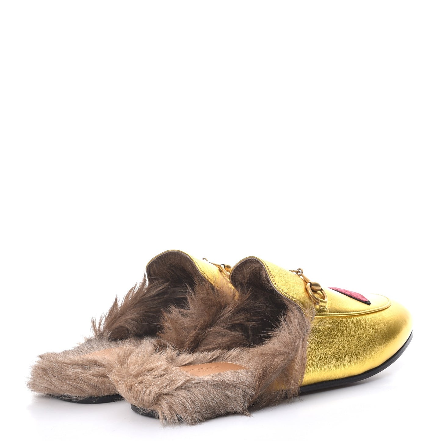 Metallic Nappa Fur Heart and Lips Womens Princetown Slippers 39.5 Gold