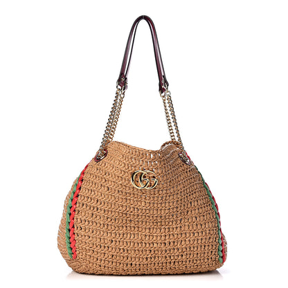 Gucci Raffia Effect Large GG Marmont Shoulder Tote Bag Natural Red Green 1 of 10