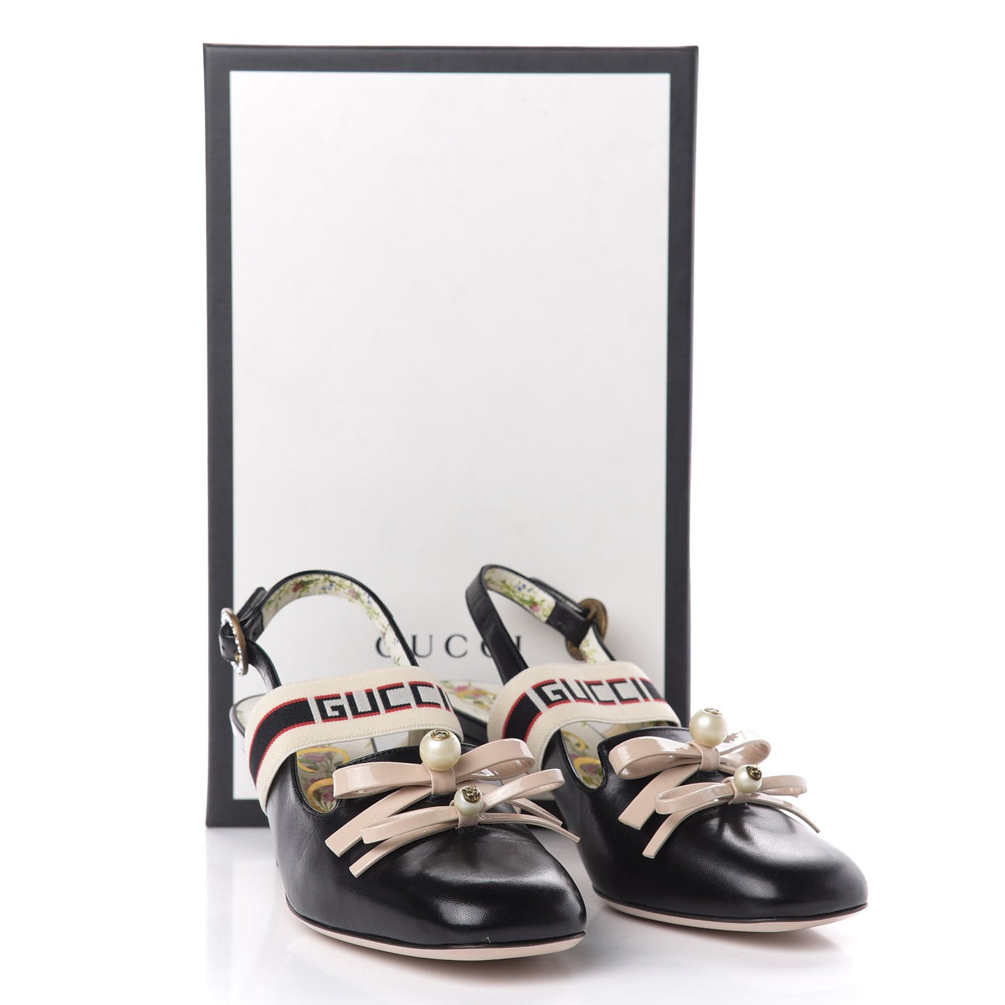 Malaga Kid Bow Ace Stripe Mid Heel Slingback Pumps 36.5 Black