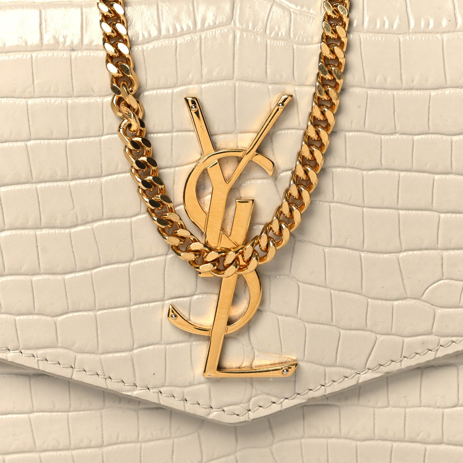 Saint Laurent Calfskin Crocodile Embossed Monogram Uptown Chain Wallet Crema Soft 7 of 11