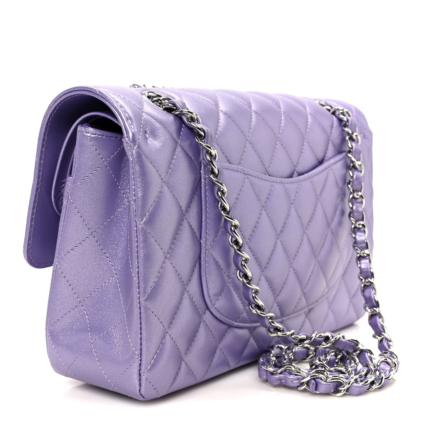 Metallic Lambskin Quilted Medium Double Flap Purple