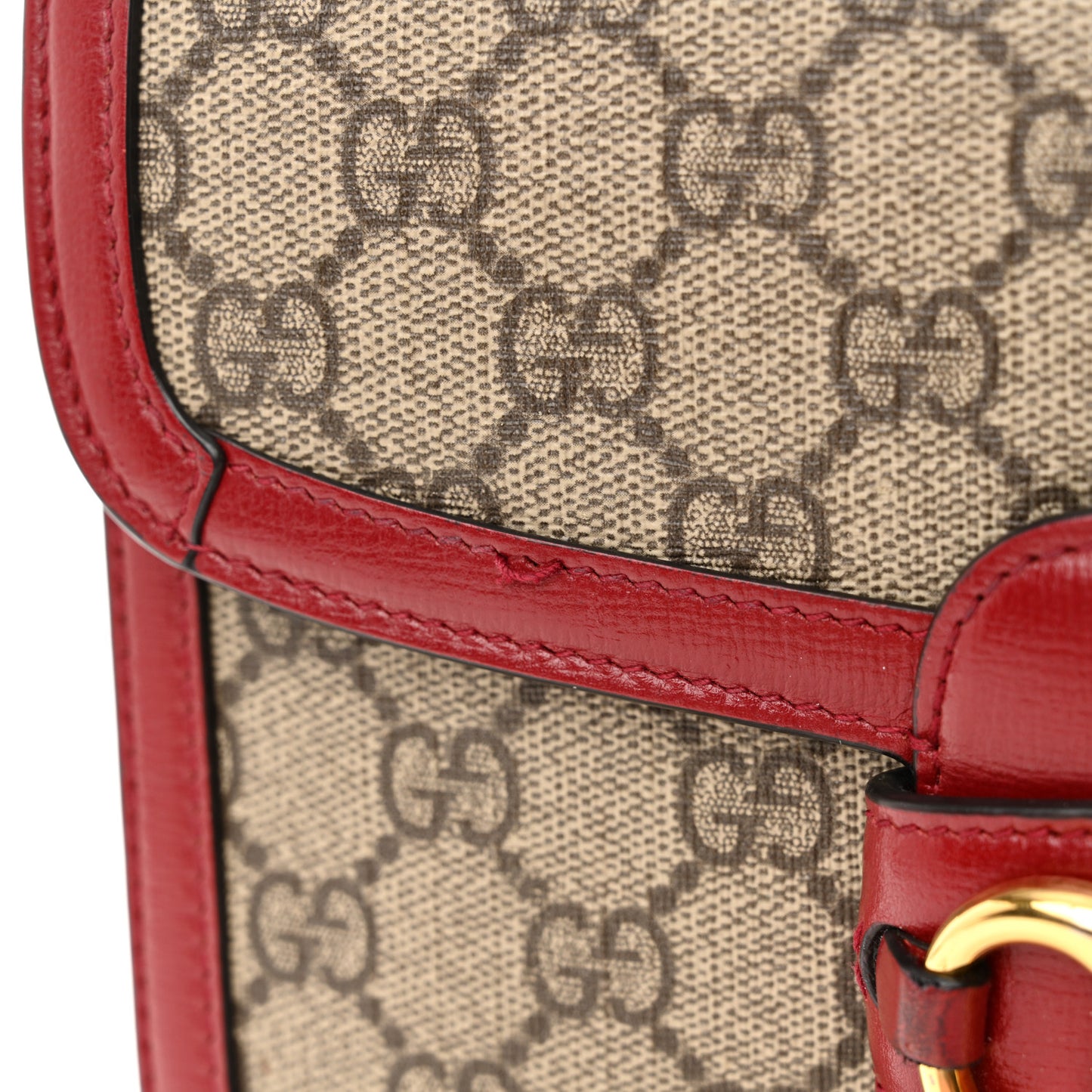 GG Supreme Monogram Azalea Calfskin Horsebit 1955 Shoulder Bag Beige Ebony New Cherry Red