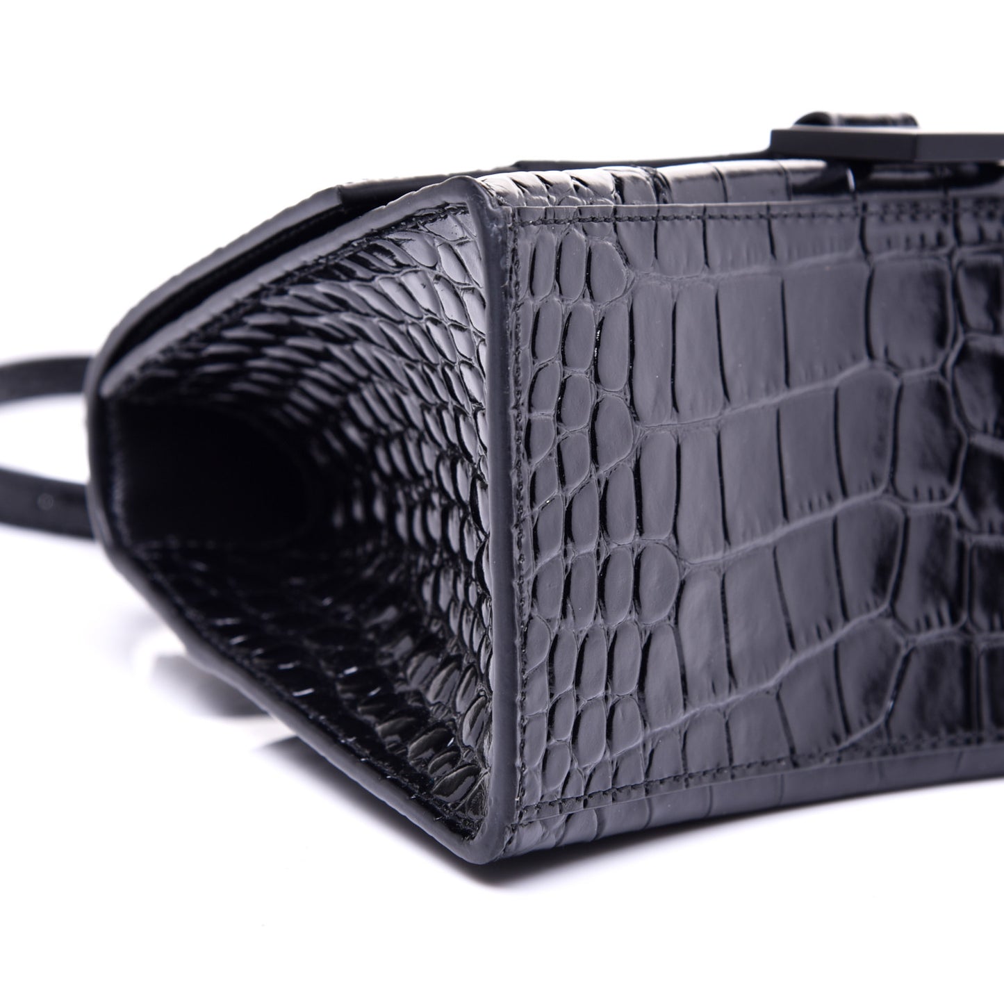 Shiny Calfskin Monochrome Crocodile Embossed Small Hourglass Top Handle Bag Black