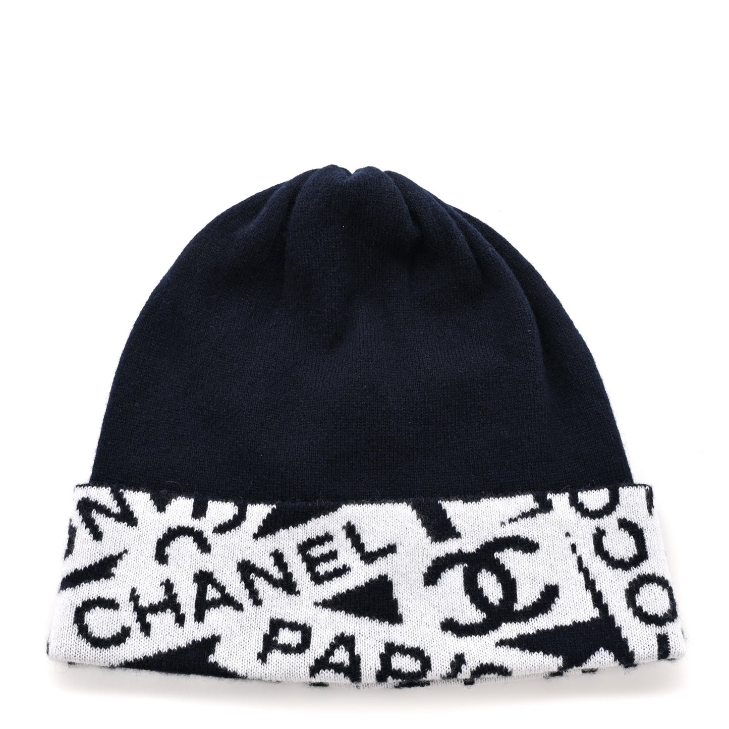 Cashmere Cotton Knit CC Cambon Beanie Hat Navy Blue Ecru