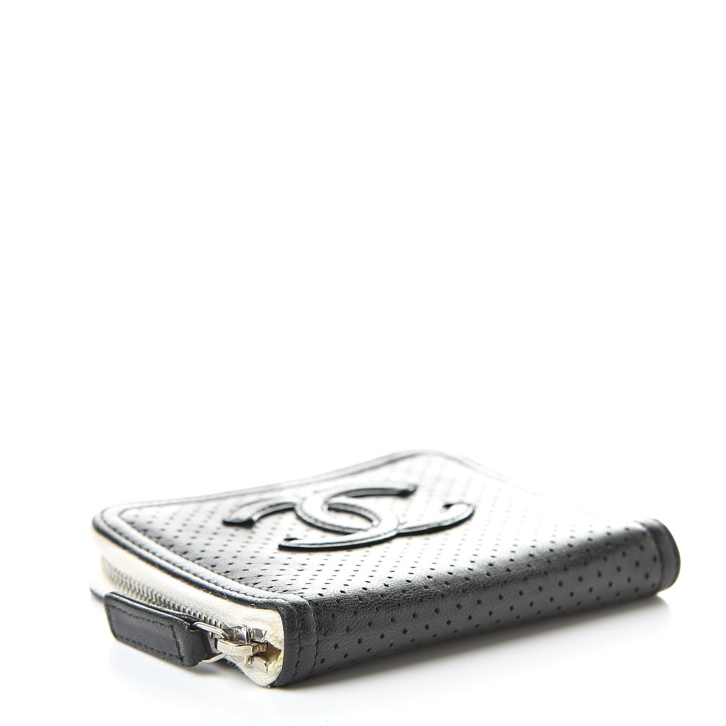Calfskin Perforated Timeless Compact Zip Wallet Black White
