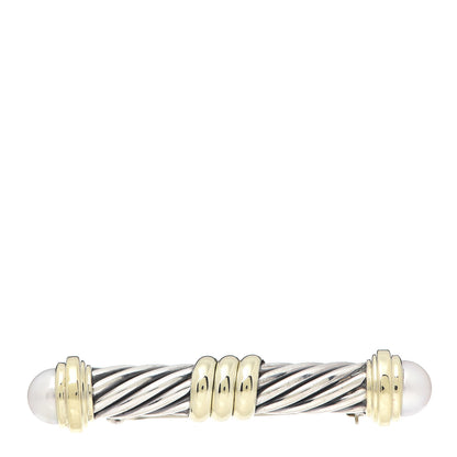 David Yurman Sterling Silver 14K Yellow Gold Pearl Cable Bar Brooch Pin 1 of 4