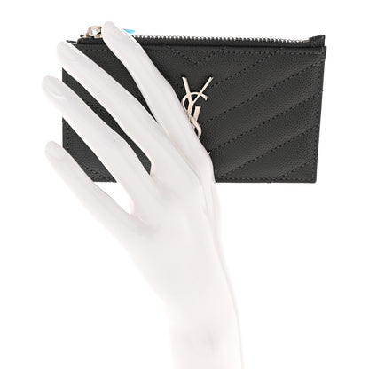 Saint Laurent Grain De Poudre Matelasse Chevron Monogram Fragments Zippered Card Case Coal 2 of 8