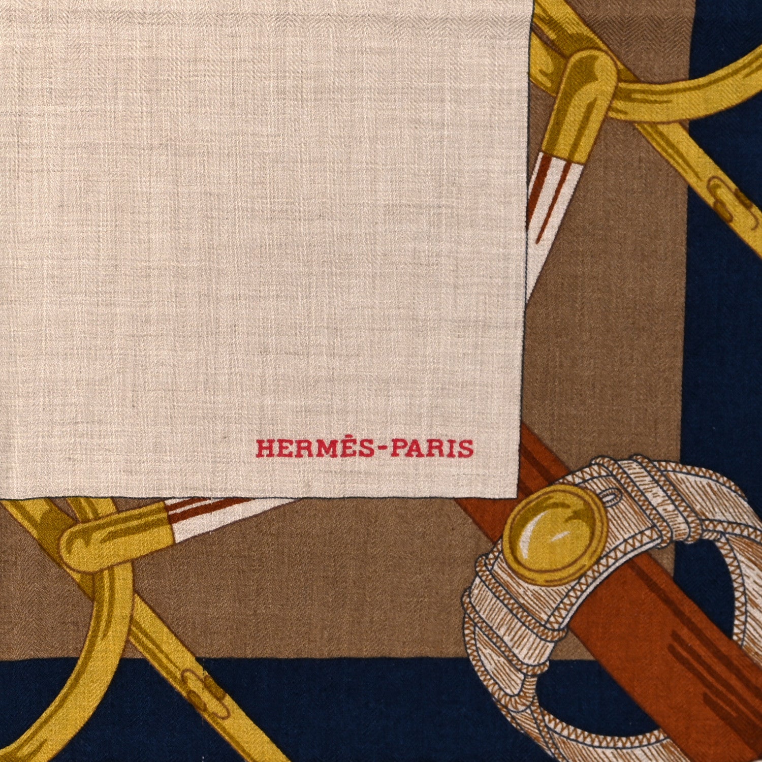 Hermes Cashmere Silk Encadre Eperon d'Or Scarf 90 Naturel Camel Marine 3 of 4