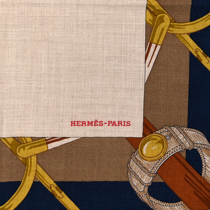 Hermes Cashmere Silk Encadre Eperon d'Or Scarf 90 Naturel Camel Marine 3 of 4