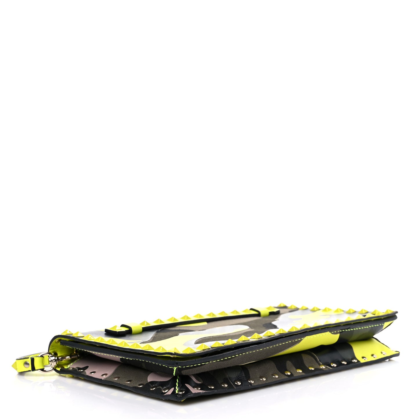 Nappa Canvas Camouflage Rockstud Wristlet Clutch Yellow Fluo Green
