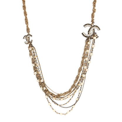 Chanel Pearl Crystal CC Braided Multi Strand Necklace Gold Black 1 of 6
