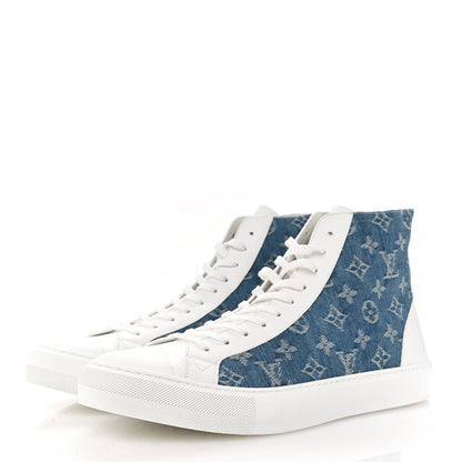 Louis Vuitton Calfskin Denim Monogram Mens Tattoo Sneaker Boots 11 White Blue 4 of 12