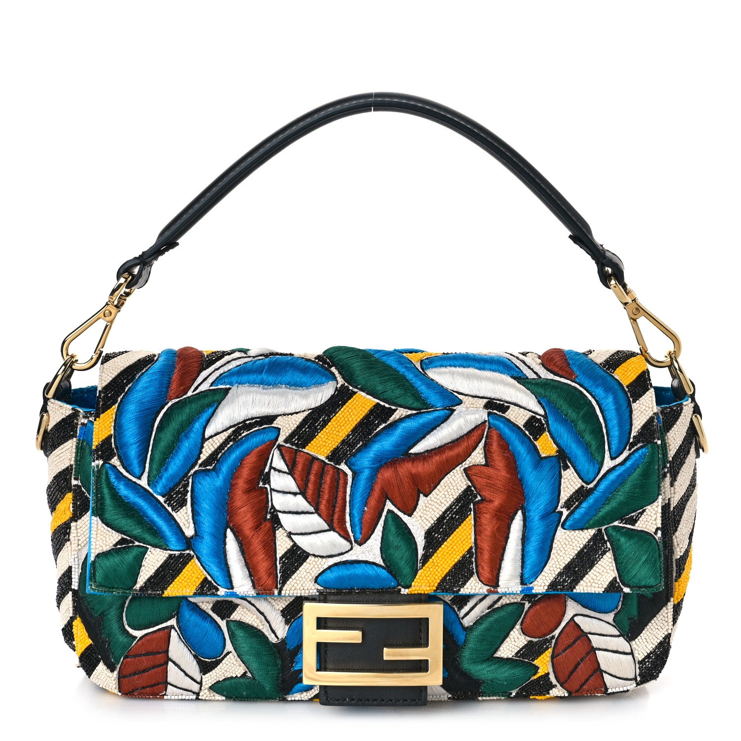 Fendi Beaded Vitello Dolce Leaf Embroidered Baguette Multicolor Black 1 of 8
