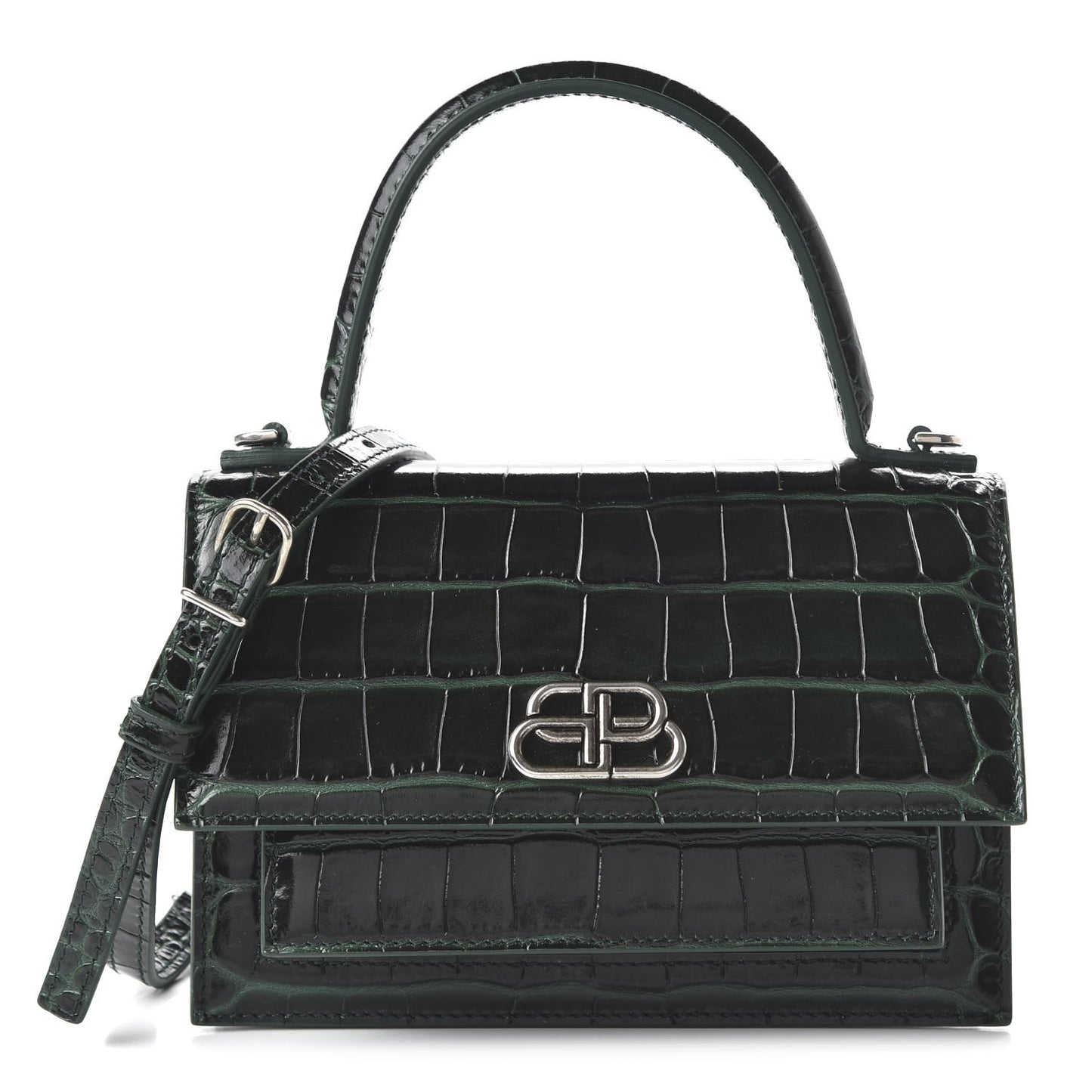 Shiny Calfskin Crocodile Embossed XS Sharp Top Handle Bag Forest Green