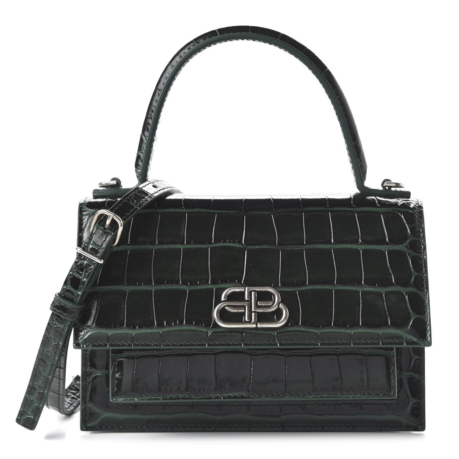 Balenciaga Shiny Calfskin Crocodile Embossed XS Sharp Top Handle Bag Forest Green 1 of 9