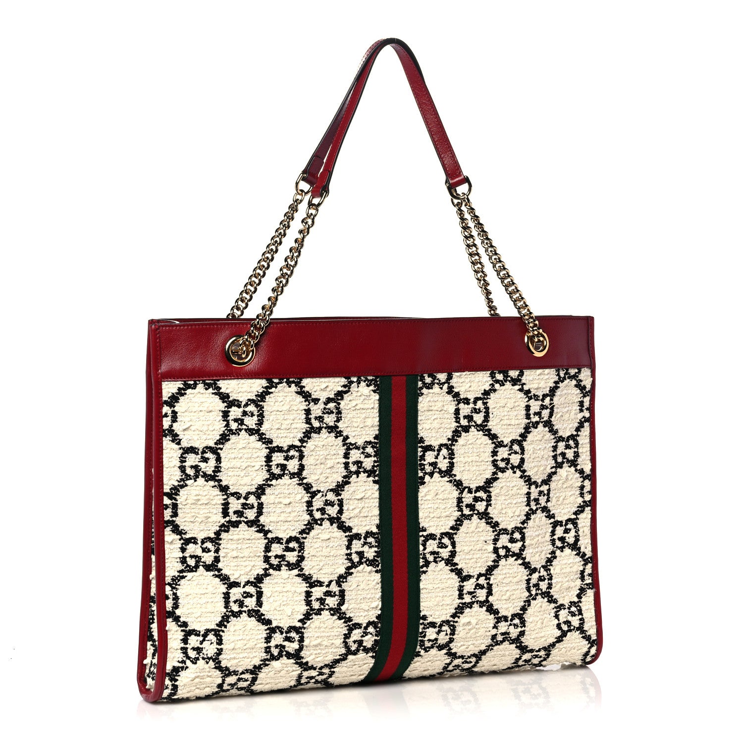 Gucci Tweed GG Monogram Large Rajah Chain Tote White Black Romantic Cherry 3 of 10