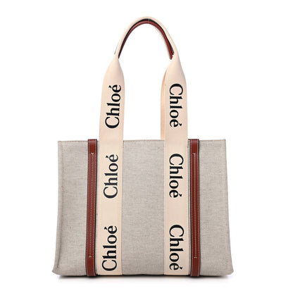 Chloe Cotton Calfskin Medium Woody Ribbon Tote White Brown 1 of 4