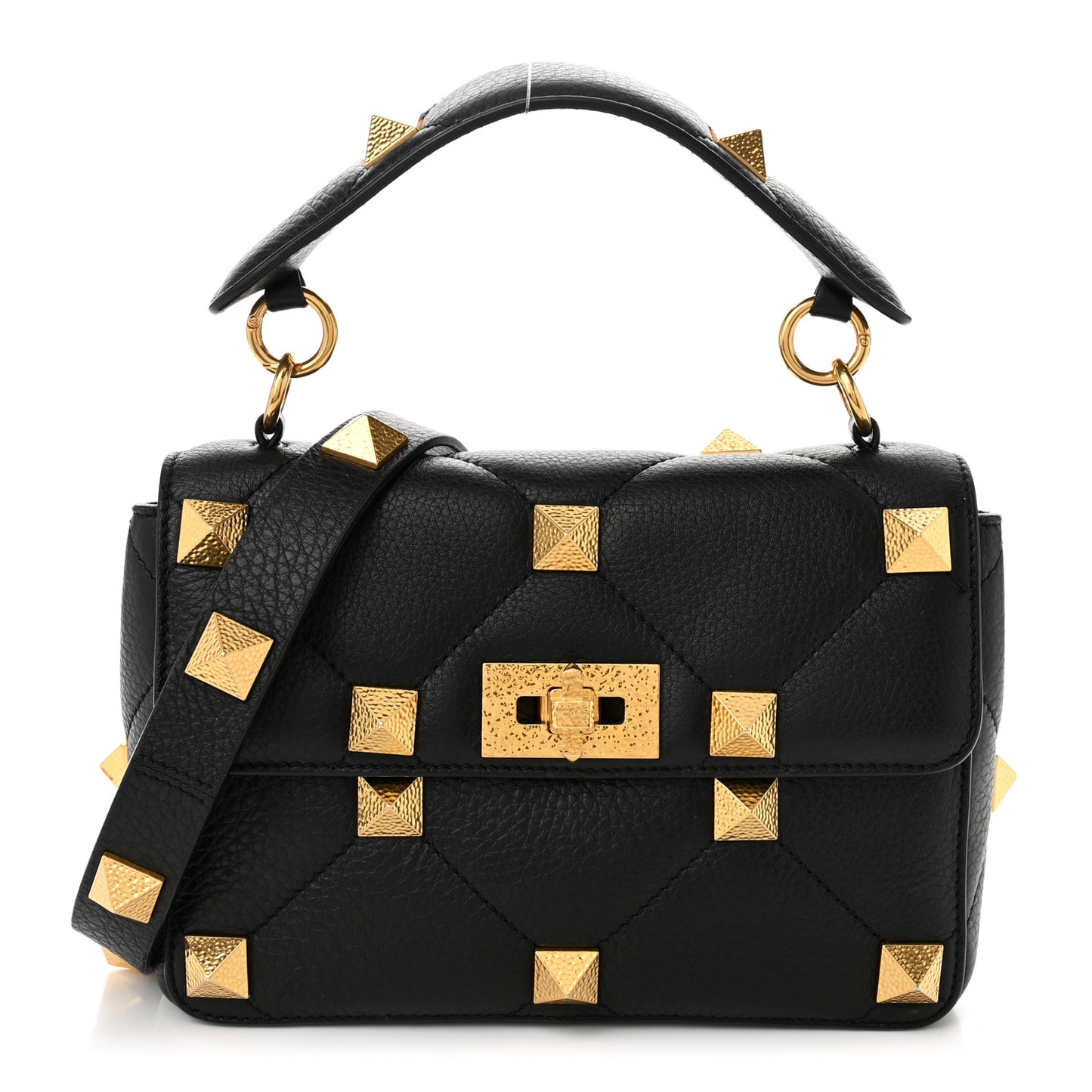 Grained Calfskin Medium Roman Stud Shoulder Bag Black