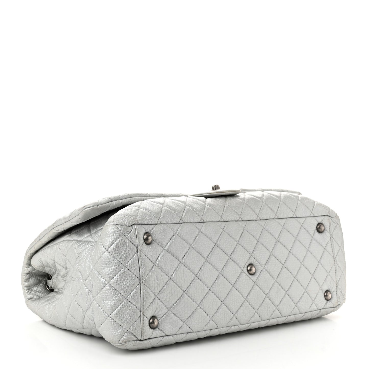 Metallic Calfskin Quilted XXL Travel Flap Bag Silver