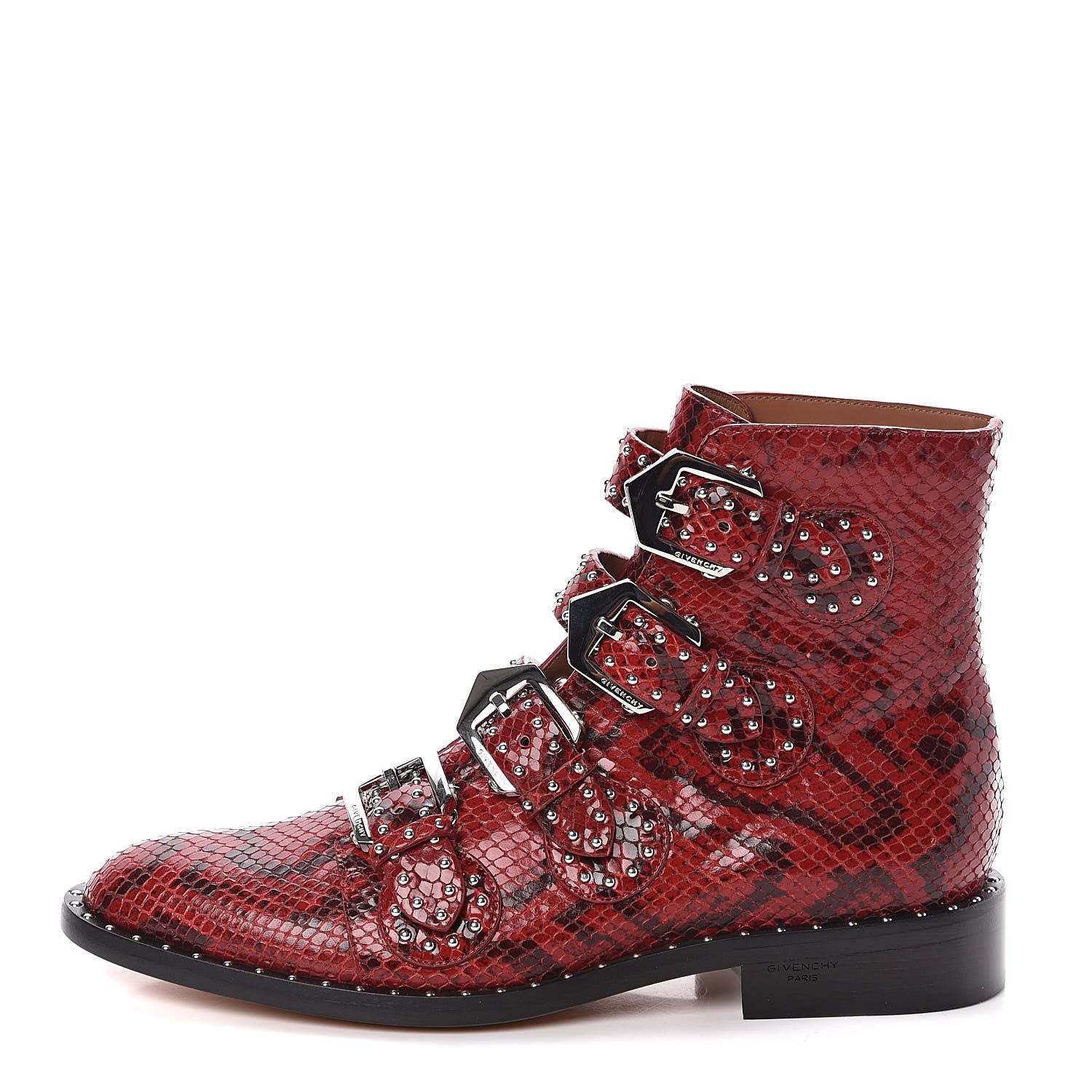 Givenchy Calfskin Python Embossed Studded Elegant Flat Ankle Bootie 38 Red 1 of 8
