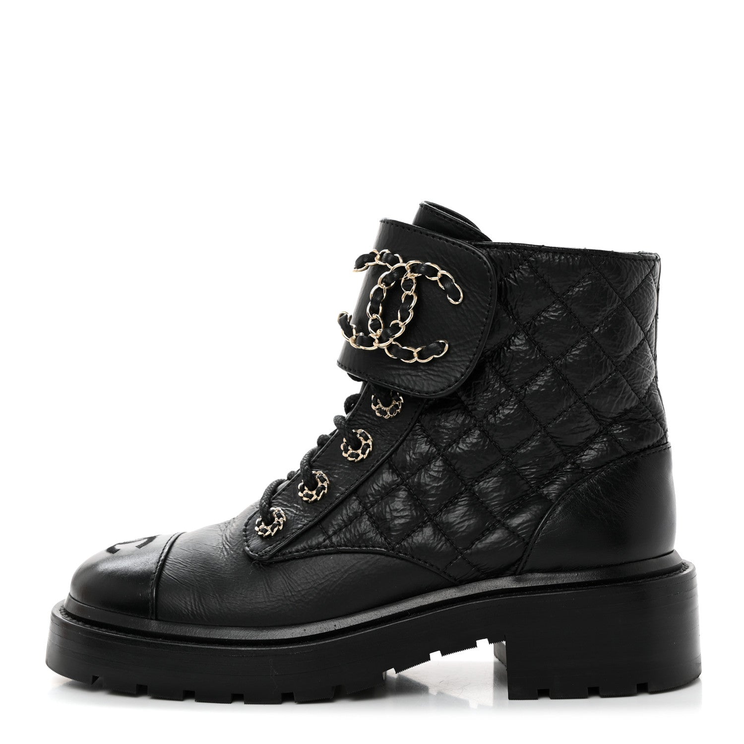 Chanel Shiny Calfskin Quilted Lace Up Combat Boots 35.5 Black 1 of 8