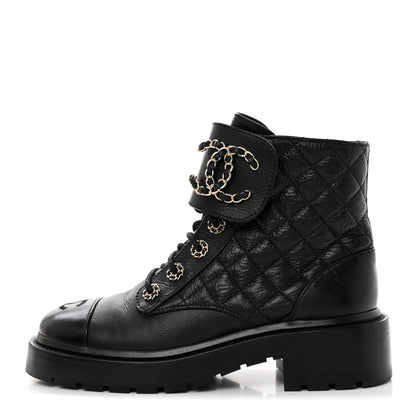 Chanel Shiny Calfskin Quilted Lace Up Combat Boots 35.5 Black 1 of 8