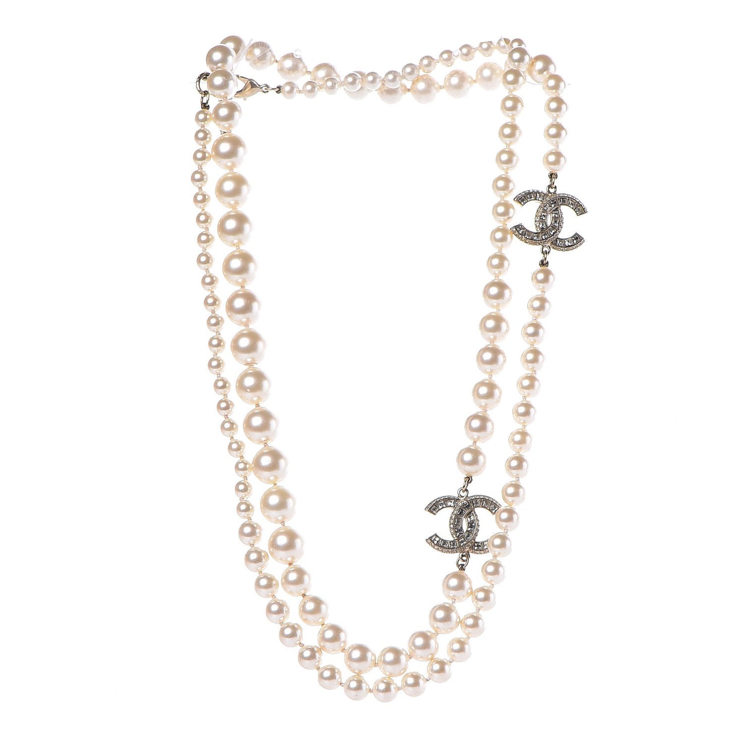 Pearl Baguette Crystal Long CC Necklace Gold