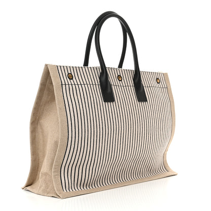 Saint Laurent Embroidered Cotton Linen Rive Gauche Noe Tote Natural Black 3 of 10