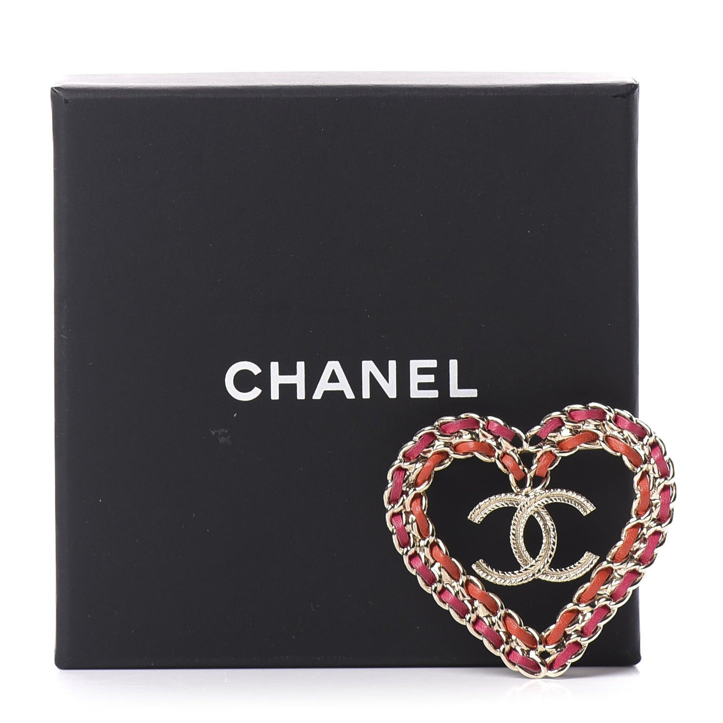 Metal Calfskin Braided Heart CC Brooch Pink Red Gold