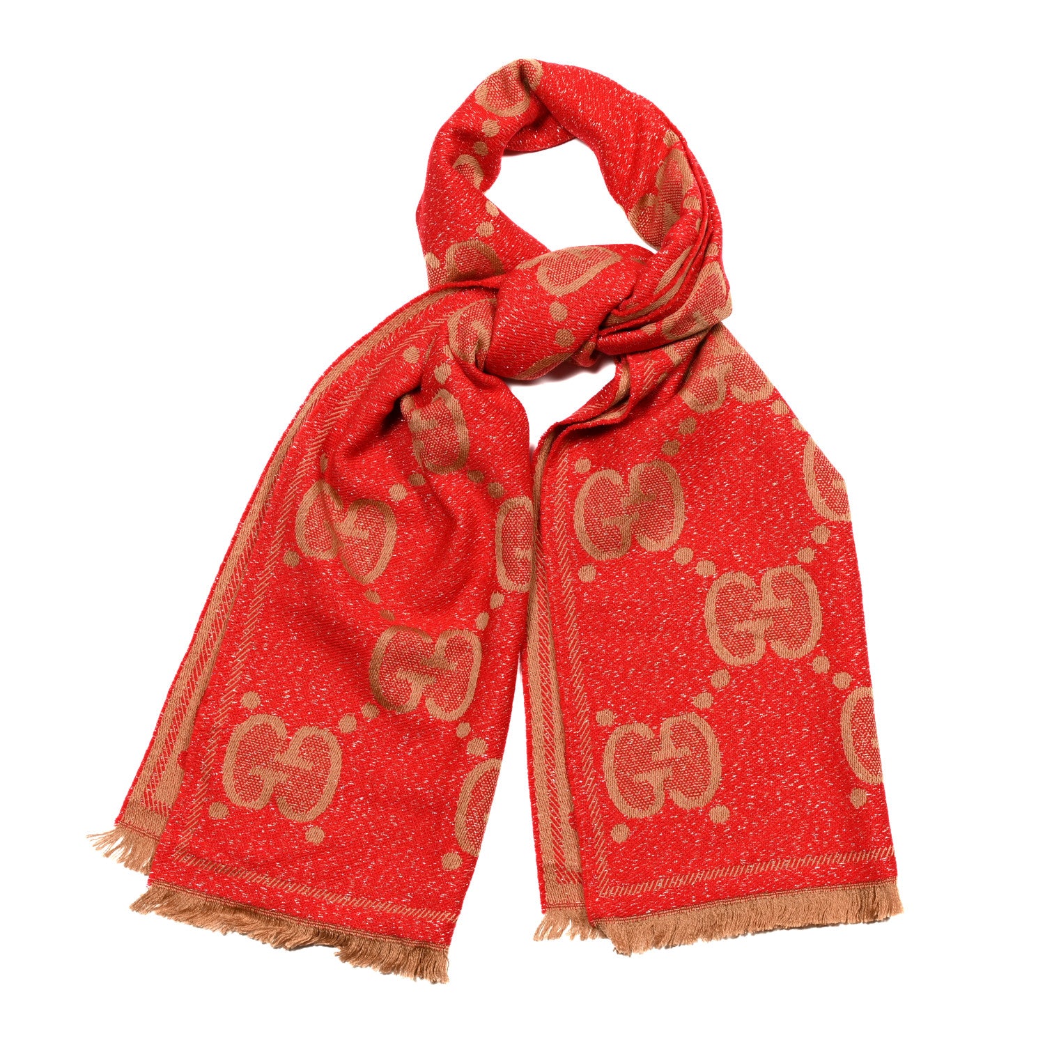 Gucci Wool Lame Jacquard Monogram Jumbo GG Lady Nest Lux Scarf Flame Beige 1 of 5