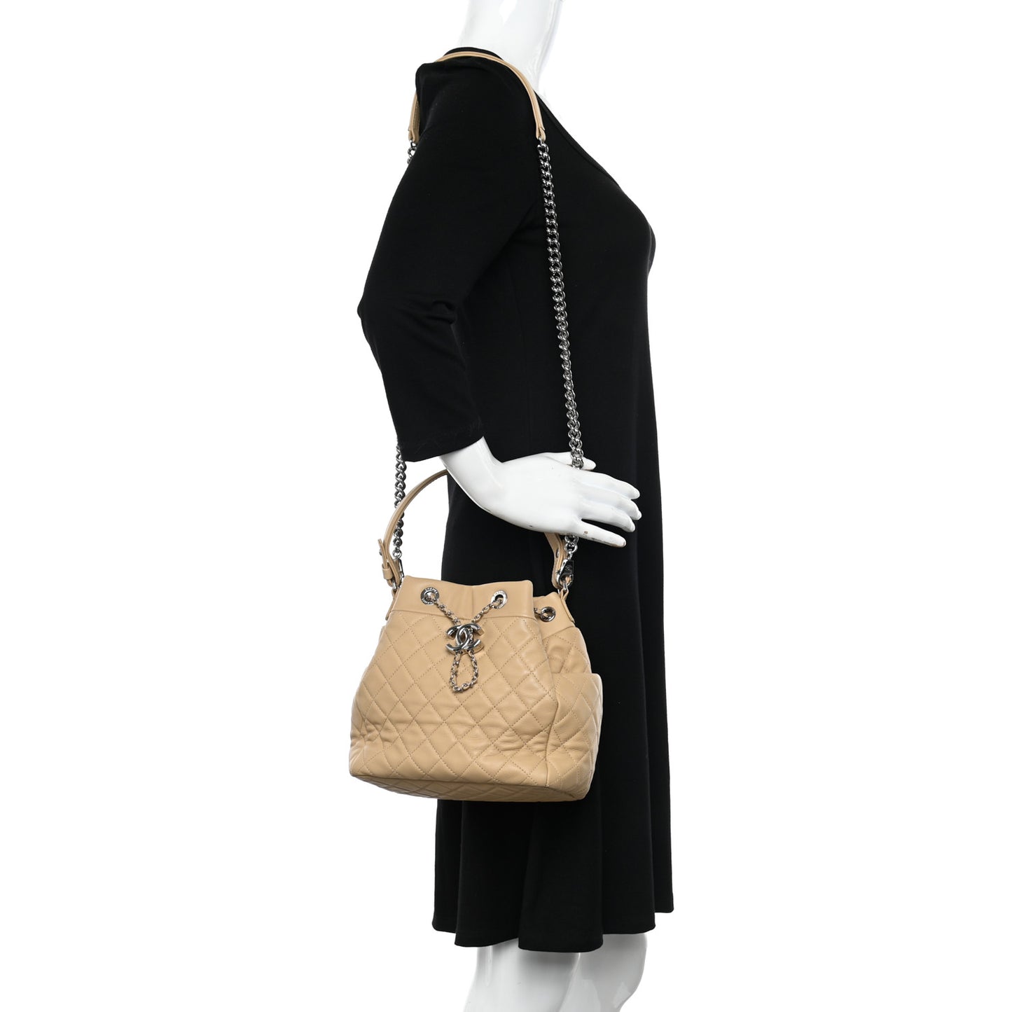 Lambskin Quilted Small CC Chain Bucket Drawstring Bag Light Beige