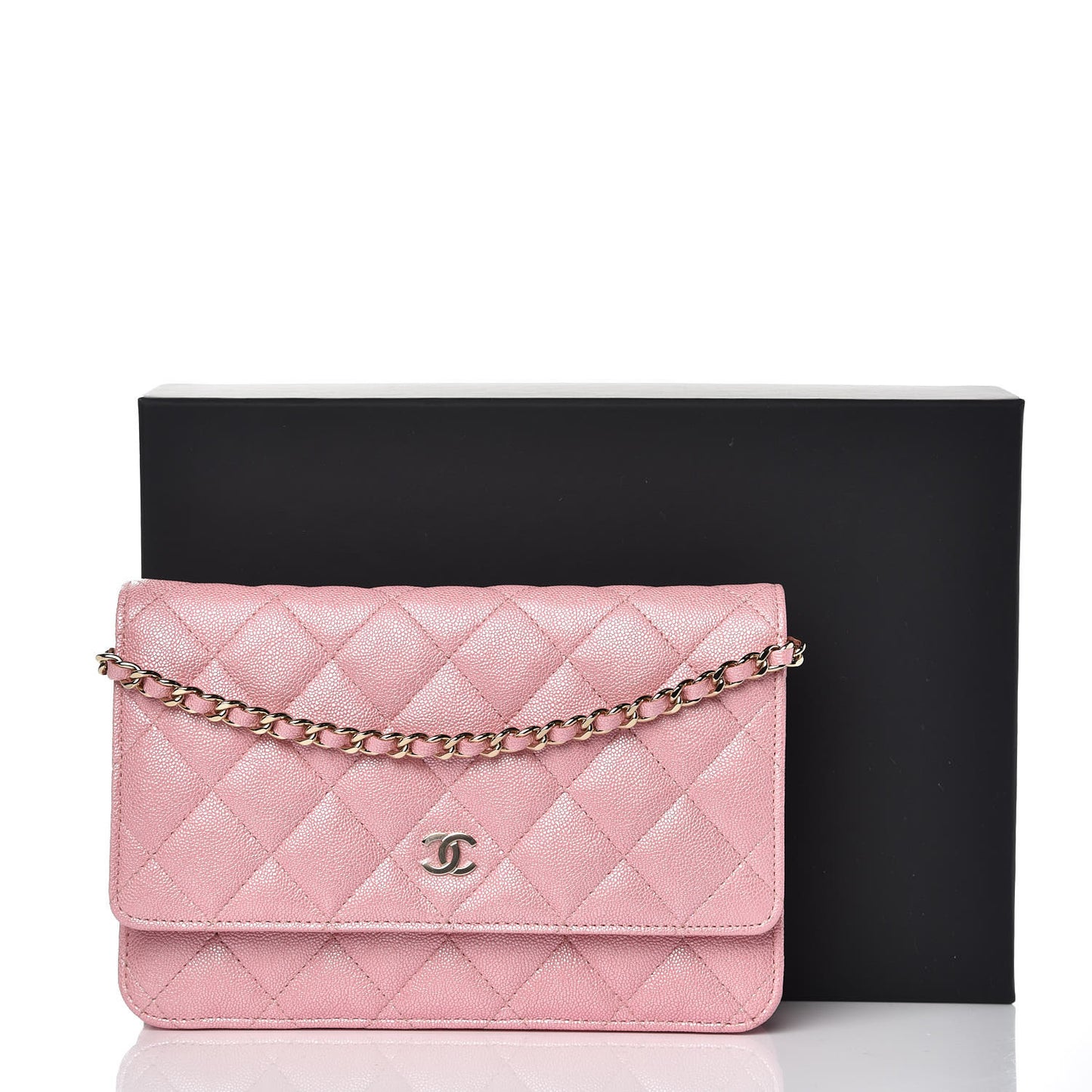 Iridescent Caviar Quilted Wallet on Chain WOC Rose Pink