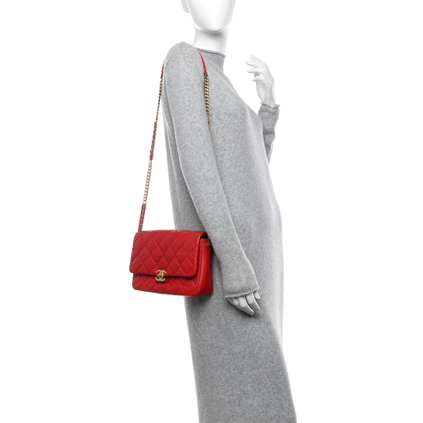 Shiny Caviar Quilted Large Chain Melody Flap Red