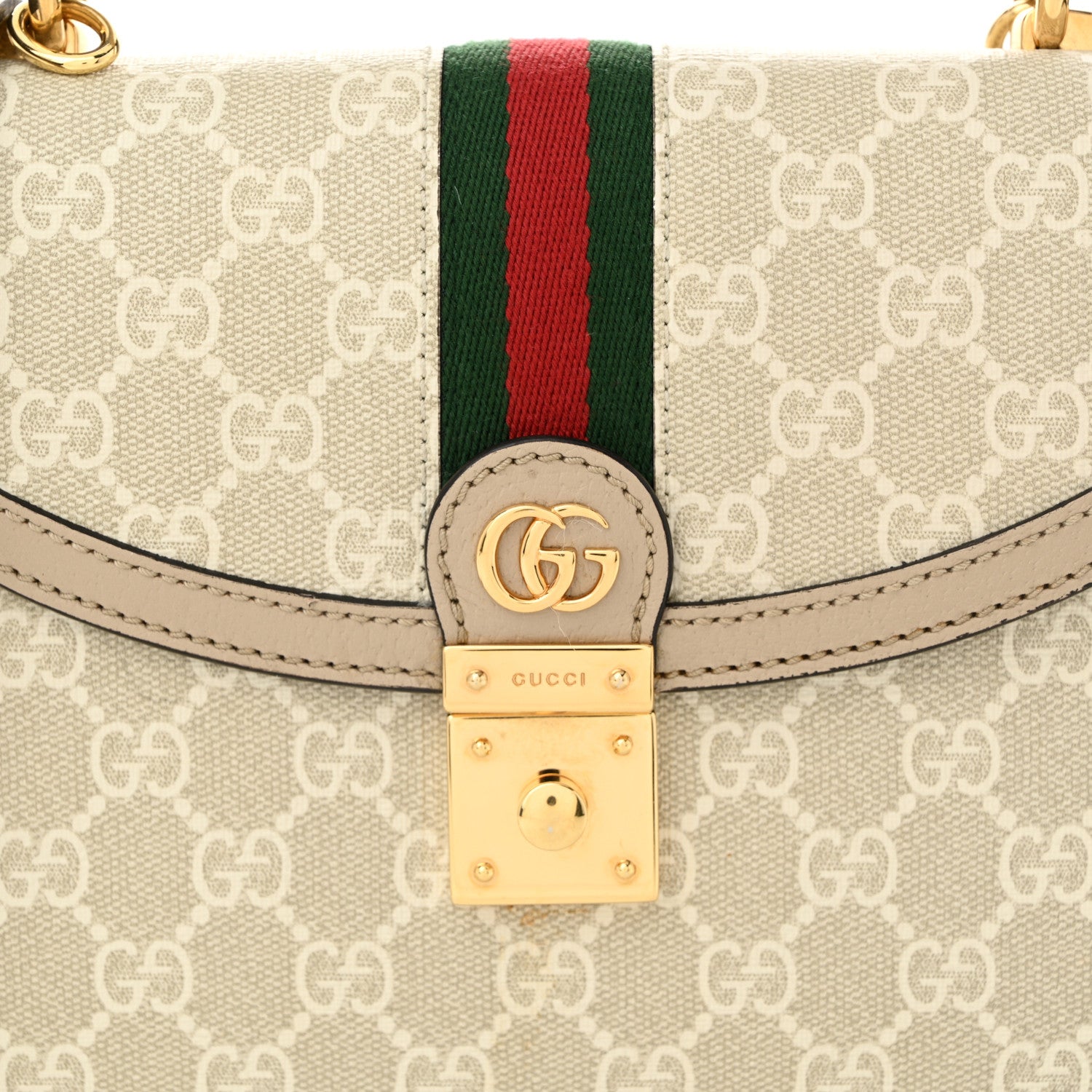 Gucci GG Supreme Monogram Textured Dollar Calfskin Web Small Ophidia Padlock Top Handle Bag Beige Mystic White Oatmeal 8 of 11