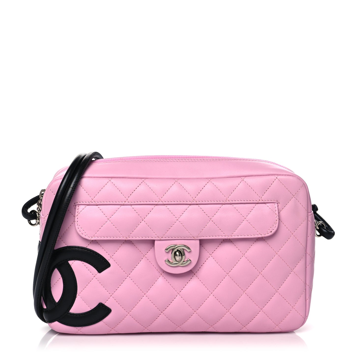 Calfskin Quilted Cambon Camera Case Pink Black
